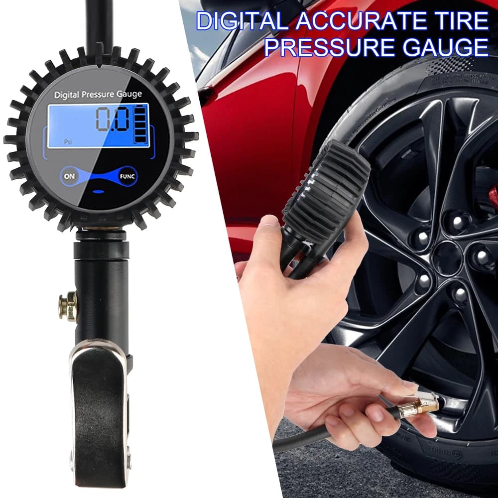 Misuratore di pressione dei pneumatici Lega di alluminio LCD digitale 200PSI Linea d'aria Clip-on Pompa per pneumatici Manometro di gonfiaggio della pressione dei pneumatici
