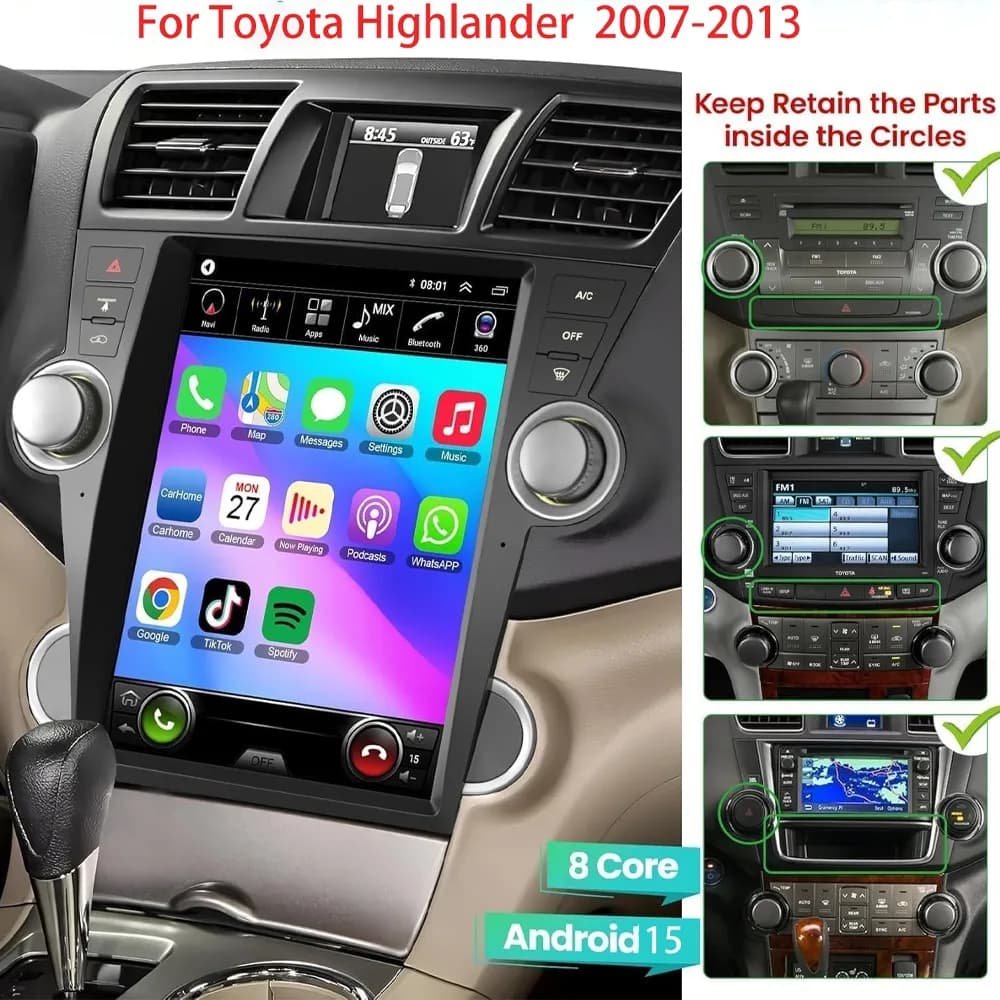 12.1 "Android 15 Schermo CarPlay Per Toyota Highlander 2007-2013 Autoradio Lettore Video Multimediale Navigazione GPS Bluetooth DSP4G
