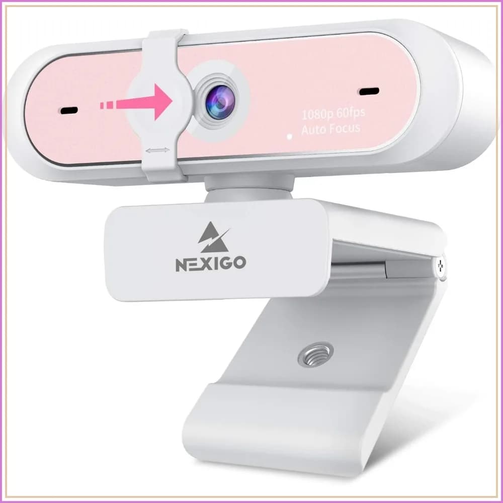 1080P 60FPS Webcam with Autofocus, Dual Mic & Privacy Cover, Plug and Play, Pink