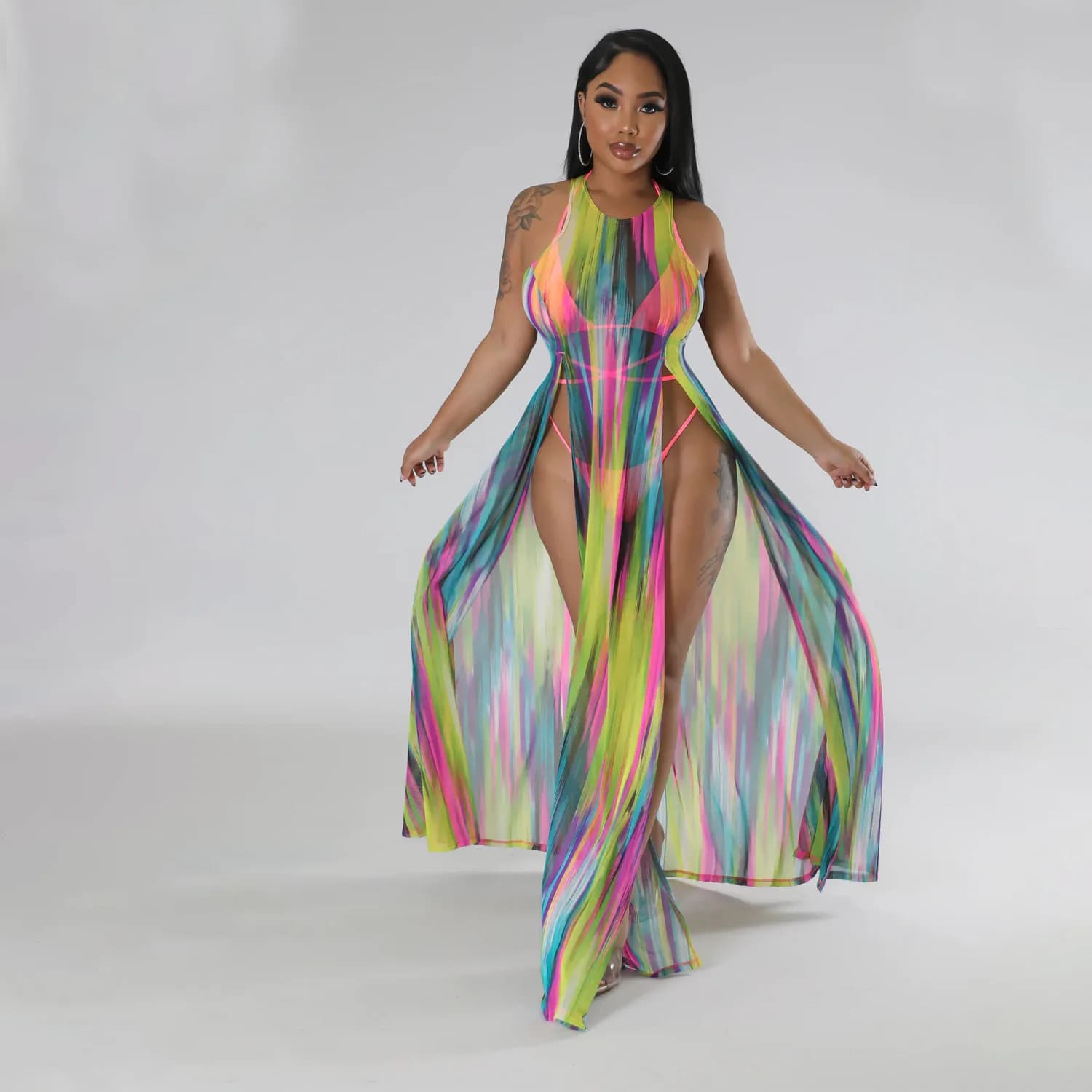 SKMY Estate nuove donne abbigliamento maglia sexy vedere attraverso abito diviso senza maniche e costume da bagno set di tre pezzi abiti da spiaggia