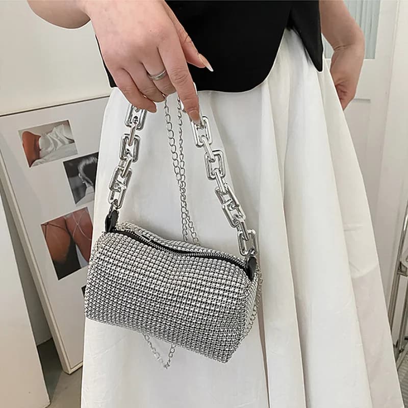 Borsa a secchiello con strass su tutta la superficie, borsa da ballo con catena glitterata, mini borsa a tracolla da donna (6,3*3,54) pollici, borse e borsette