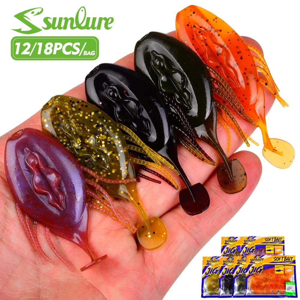 Esche Artificiali Sunlure a Forma di Girino con Tentacoli e Coda Piatta, 12/18 Pezzi, Esche in Silicone per Pesca al Bass, 6 Colori