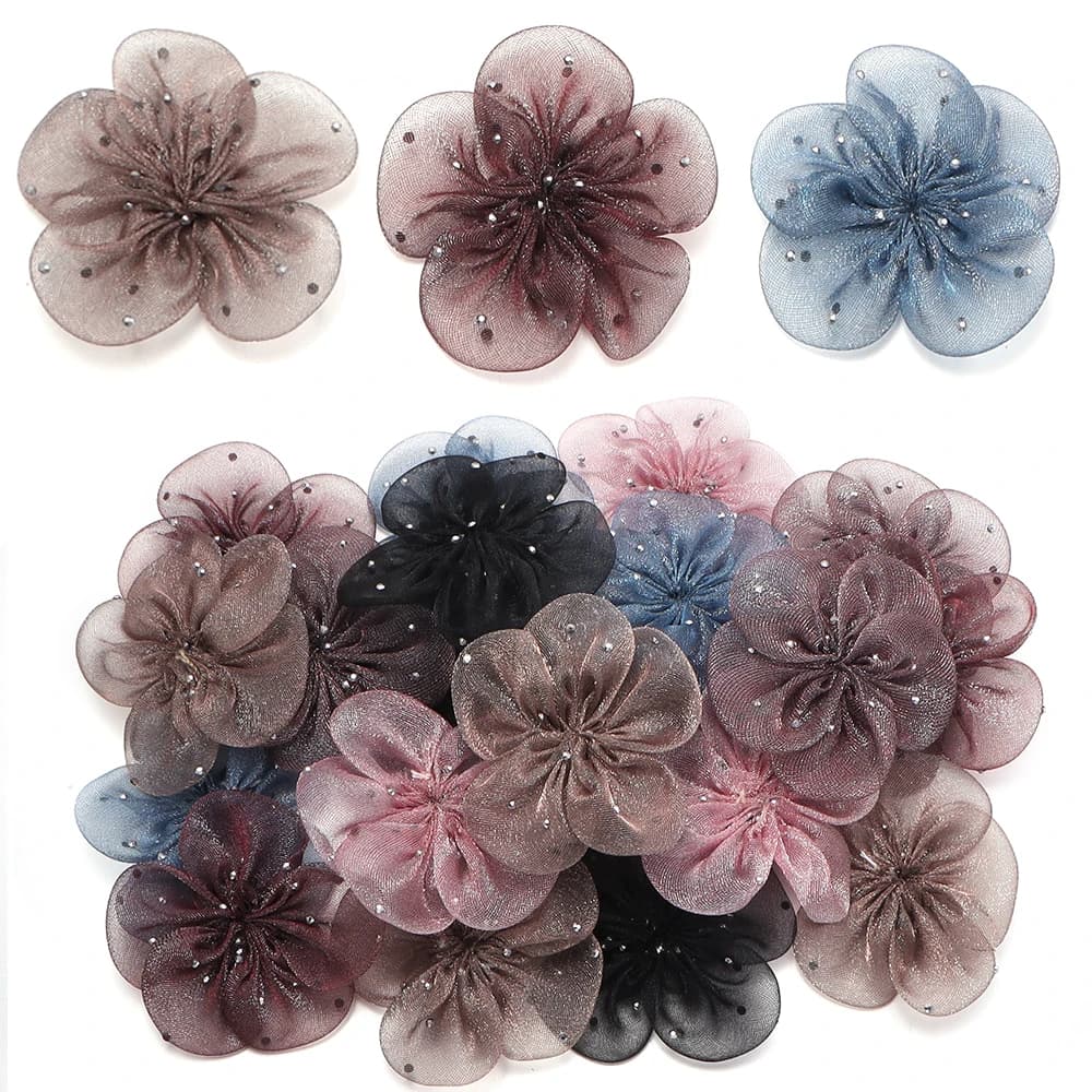 5pcs/lot Rhinestone Organza Mesh Flowers Applique For DIY Girls Hair Clip Hat Headwear Crafts Patches Decor Ornament Accessories