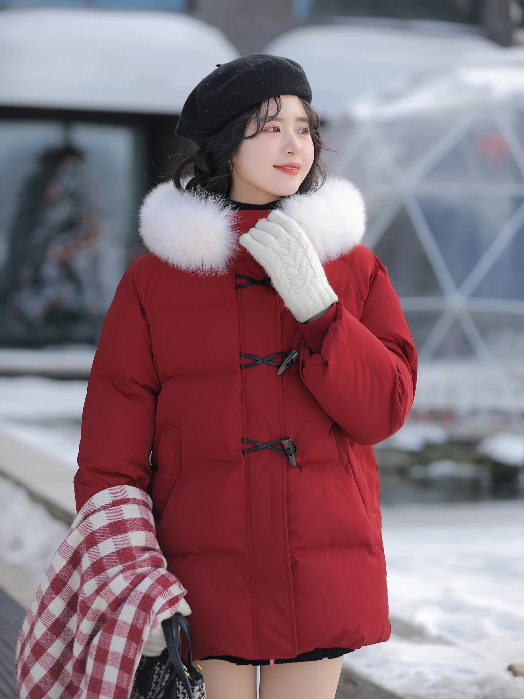 Lingjiu Frontier Wild Rose Women's down Jacket Red New Year Loose Large Fur Collar Coat Korean Style Straight Cut Warmth