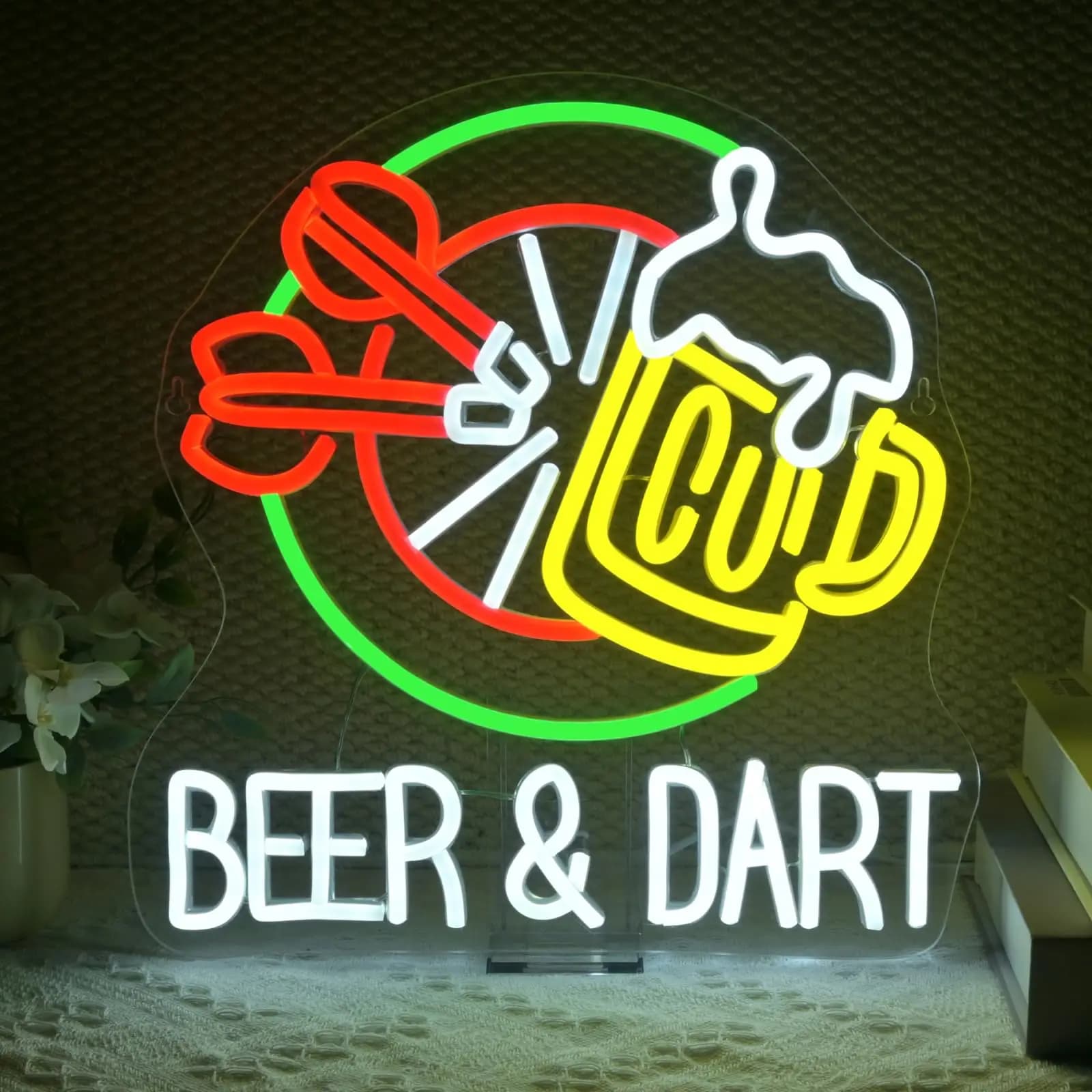 Insegna al neon Beer & Dart – Lampada da parete divertente da bar con freccette e tazza da birra Design Decorazione a LED per sala giochi, pub o grotta d'uomo