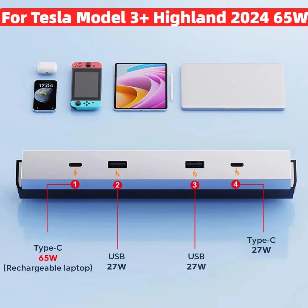 Per Tesla Model 3+ Highland 2024 65W Dock di espansione Controllo centrale Shunt di ricarica HUB USB Accessori Extender Veloce Intelligente