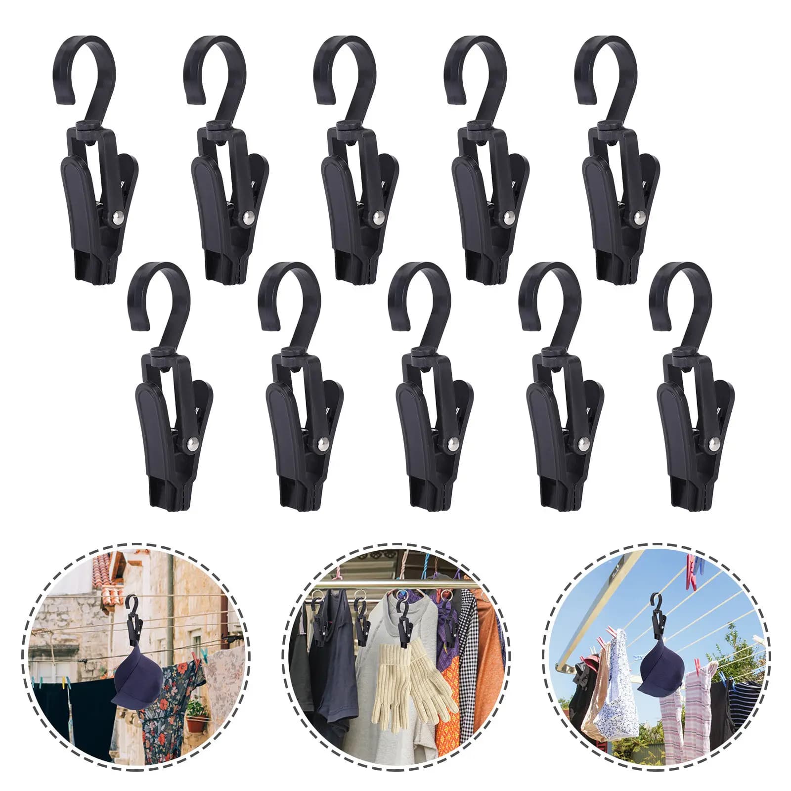 10 Pezzi Ganci Girevoli a 360 Gradi in Plastica, Clip per Bucato Robuste e Versatili, Ganci Rotanti per Asciugamani, Stivali, Abbigliamento, Viaggi