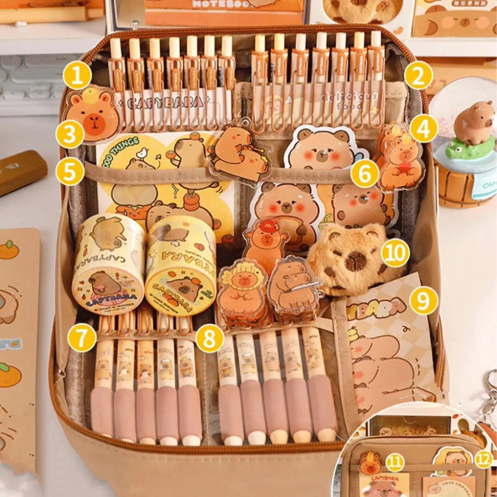 Set di cancelleria Capybara Kit regalo per il rientro a scuola Spilla/Clip/Graser/8 pezzi Penne gel Capybara con impugnatura morbida/Stylus a sfera a 10 colori
