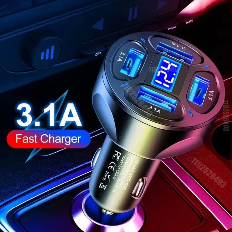 Caricatore per telefono da auto a 4 porte con uscita rapida da 3,1 A ad altissima potenza con display digitale a LED - Un trascinamento di quattro telefoni multipli USB