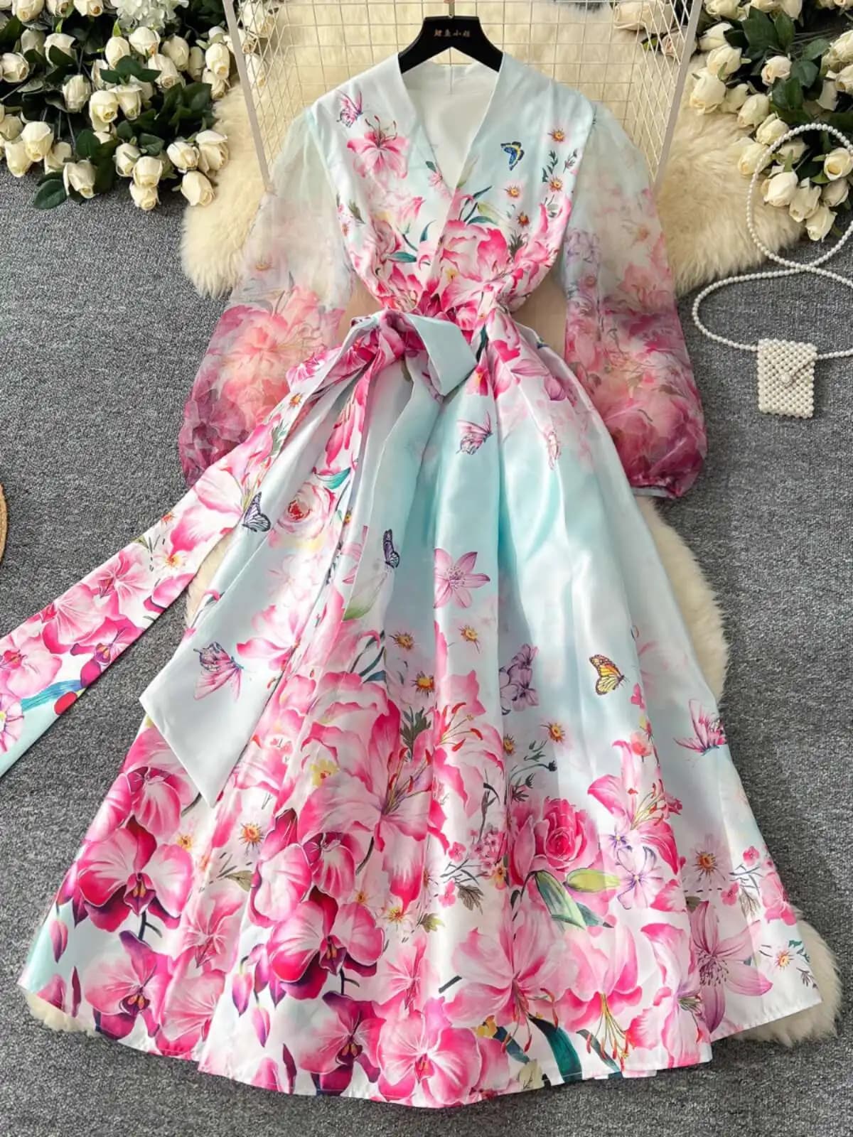 Abiti floreali a maniche lunghe monopezzo con stampa autunnale estiva Abito da sera da ballo jacquard con cintura in pizzo nazionale con tasca da donna