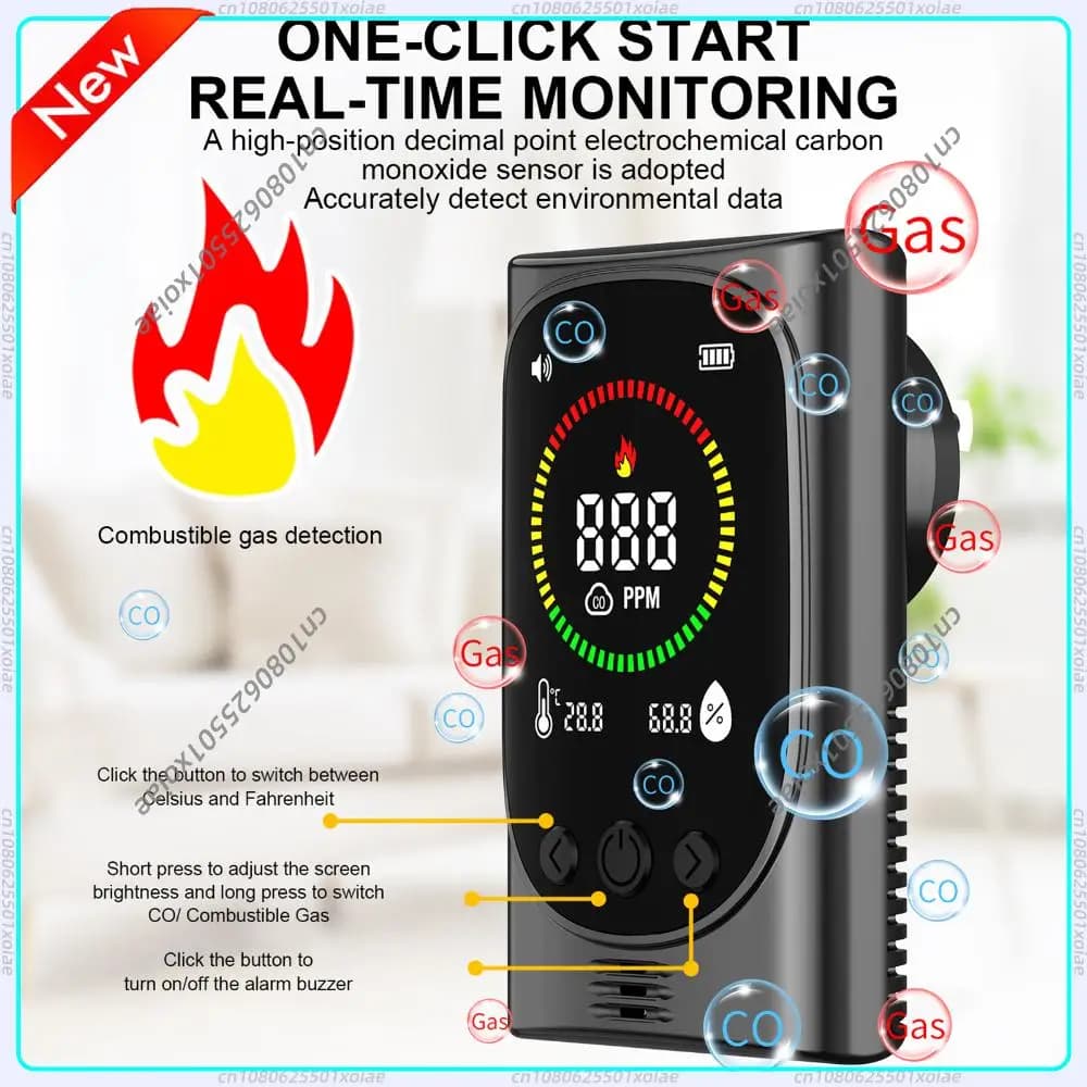 Allarme Monossido di Carbonio 4-in-1 con Display Temperatura e Umidità, Rilevatore Portatile per Viaggi, Casa e Camper