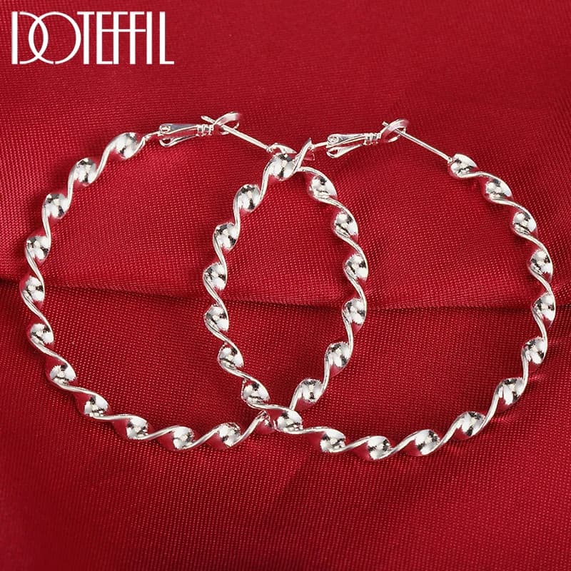 DOTEFFIL 45mm Circle Ripple Hoop Earring 925 Sterling Silver For Woman Fashion Party Wedding Engagement Party Jewelry