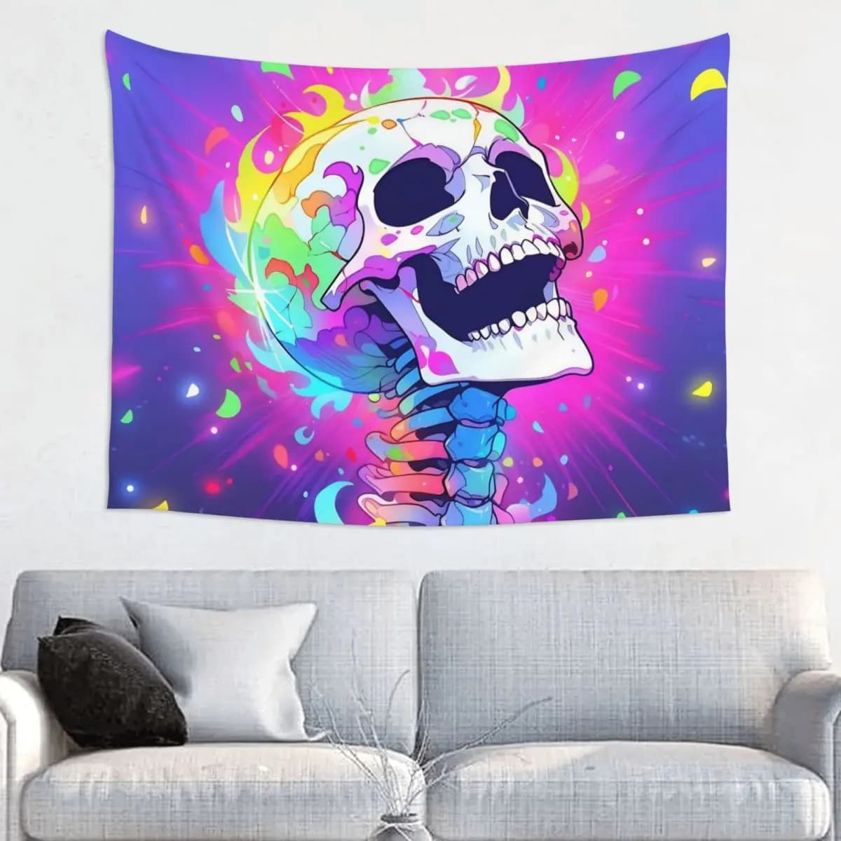 Psychedelic Skull Halloween Tapestry Wall Hanging Hippie Polyester Wall Tapestry INS Decoration Dorm Decor Yoga Mat
