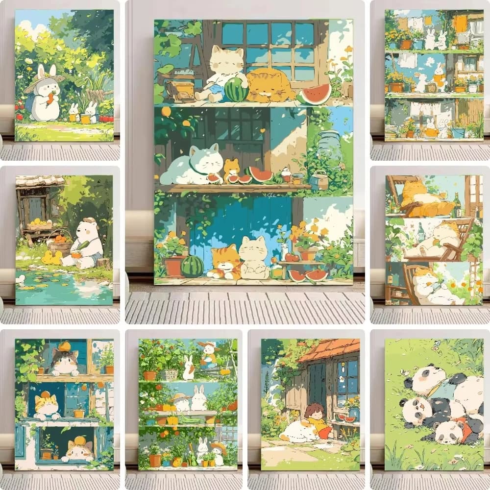 Acrylic Paint By Numbers Courtyard Cat Rabbit Painting By Numbers on Canvas Coloring By Number for Adults Paint Digital Art