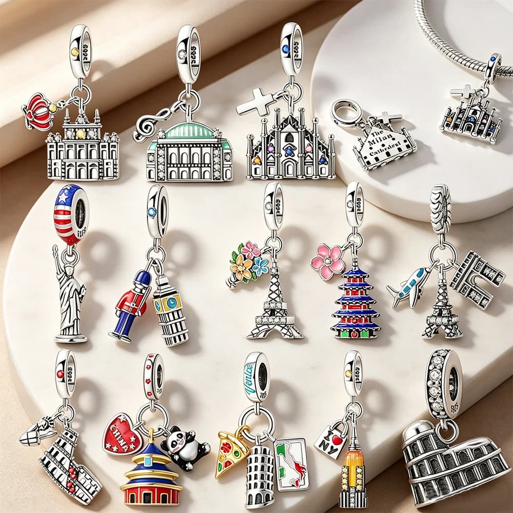 Perline World Landmark Originali in Argento Sterling 925, Adatte per Bracciali, Ciondoli per Borse e Portachiavi, Accessorio Regalo Fai da Te per Donna, Lucido, da Viaggio