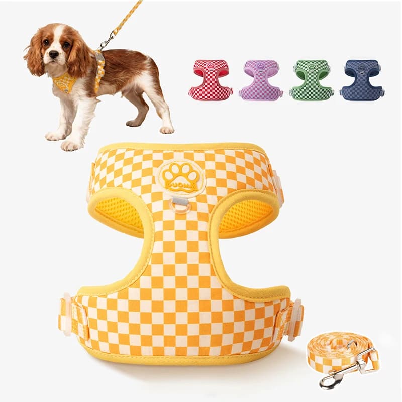 Set Guinzaglio e Pettorina Vintage a Quadri per Cani, Comodo, Traspirante, Regolabile, Anti-Strozzamento, per Cani di Piccola e Media Taglia