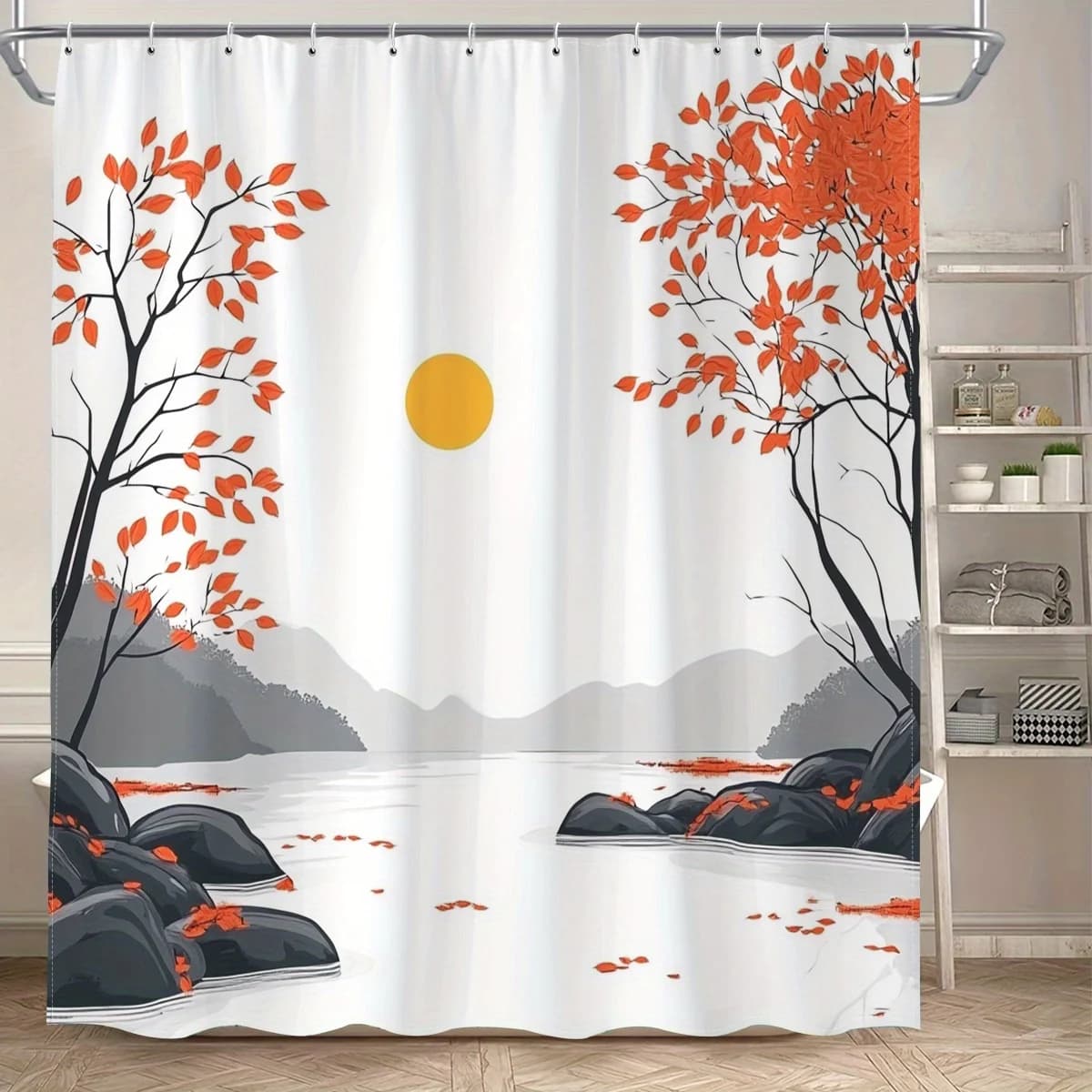 Apri una semplice tenda da doccia con stampa digitale a tema autunnale, tenda da doccia in tessuto poliestere con ganci, accessori da bagno