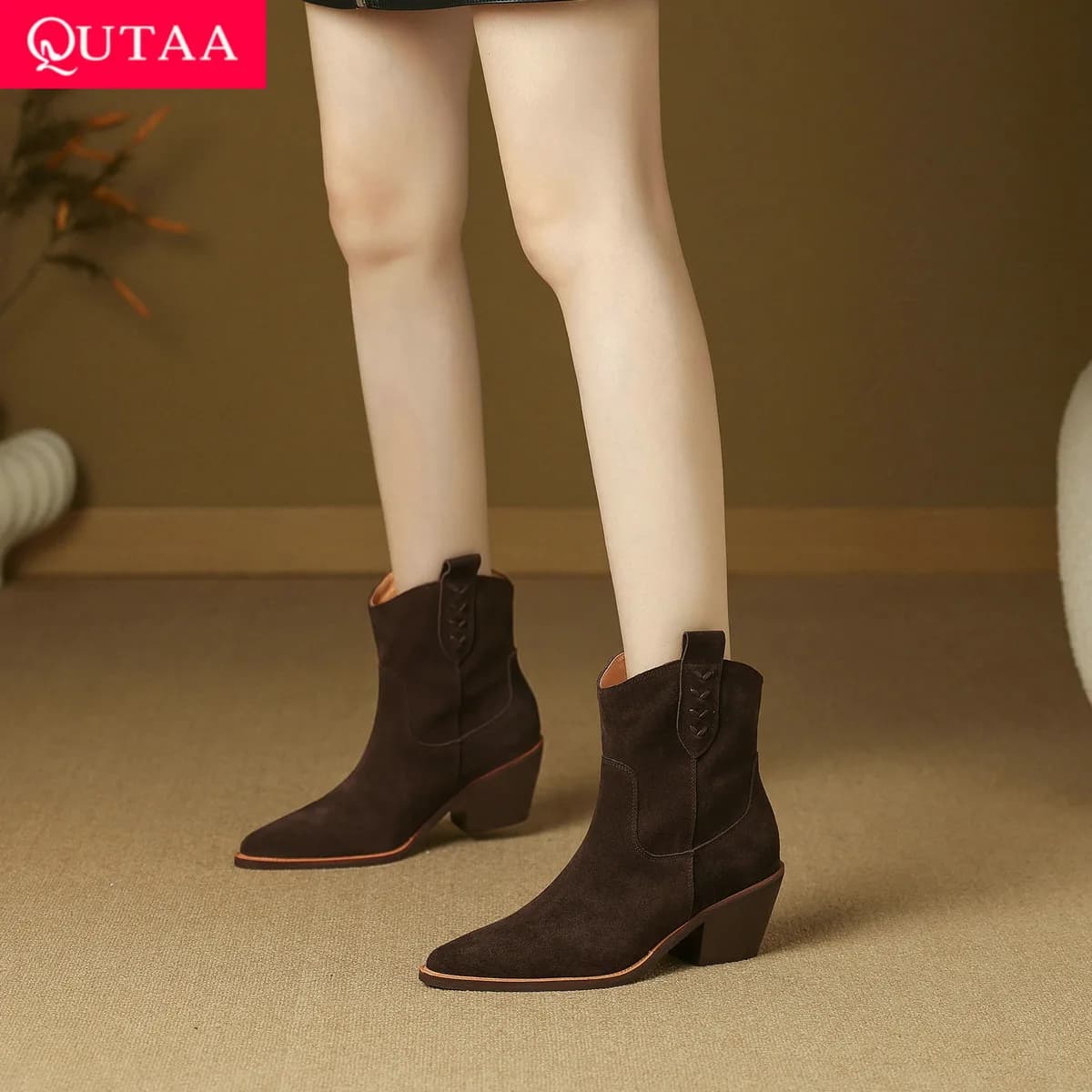 QUTAA 2027 Fashion Winter Cow Suede Women Ankle Boots Autumn High Heels Pointed Toe Western Shoes Dress Short Boots 34-43
