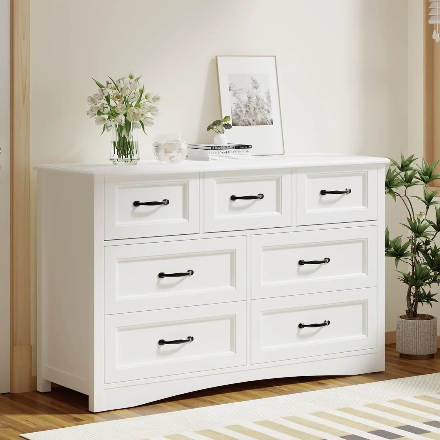 Modern White Bedroom Dresser with 7 Drawers & Metal Handles, 47 Inch Wide Storage Chest for Closet Entryway Hallway, Customized