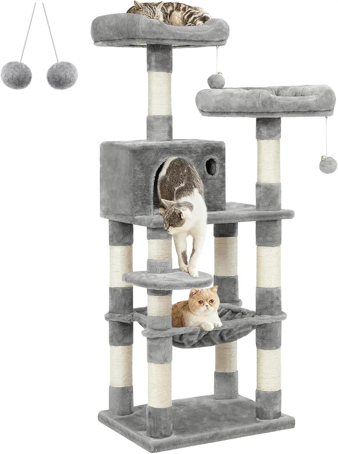 Torre per Gatti da 56 Pollici con Tiragraffi, Amaca e Posti di Riposo in Peluche per Gatti da Interno, Grigio Chiaro