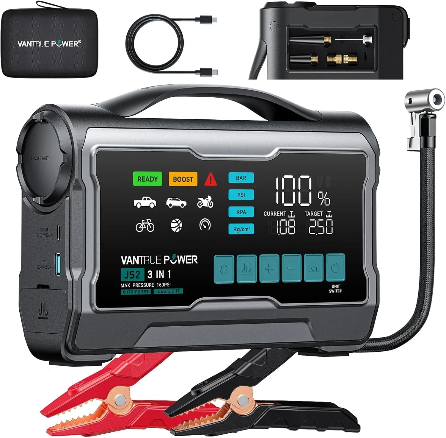 Avviatore di Emergenza JS2 2500A con Compressore d'Aria 160PSI, Booster Batteria Auto 12V con Display Grande da 9 Pollici, Power Bank da 65W con Funzione di Ricarica e Ugelli