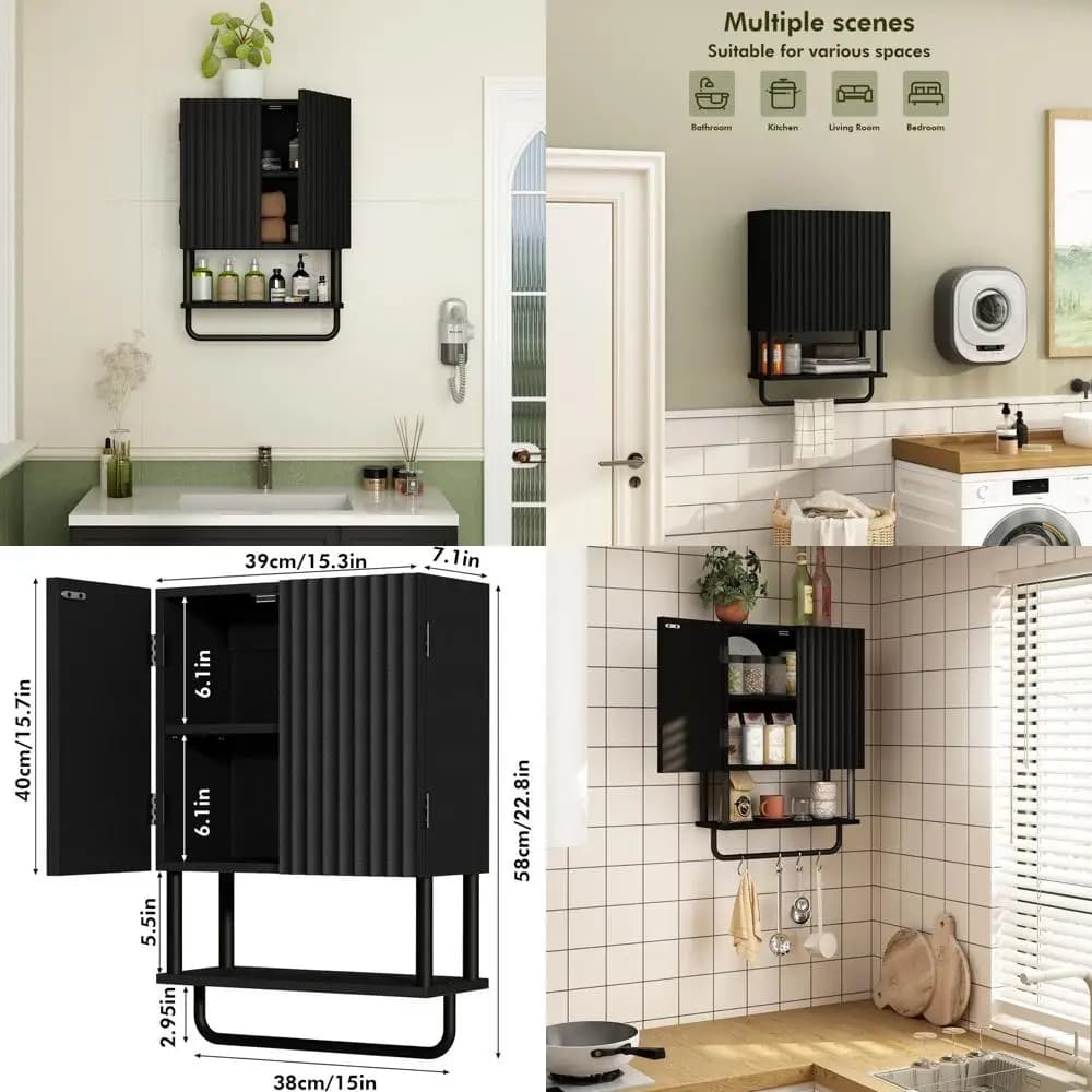 Mobile da parete per bagno moderno a 3 livelli con 2 ante, ripiano regolabile, portasciugamani e contenitore sopra il WC (nero, compatto)