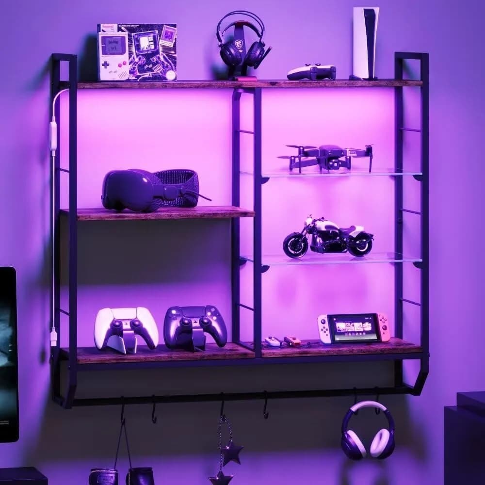 EYCOAL Mensole galleggianti da gioco, espositore decorativo in legno montato a parete con luci a LED da 34 pollici e mensola per vino da bar in vetro regolabile,