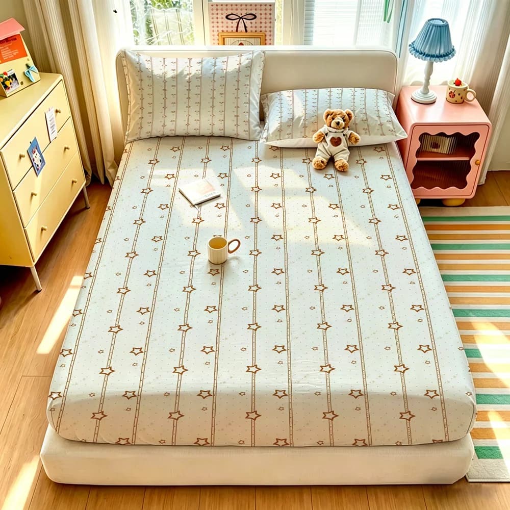 90G 3-Piece Bedding Set 1 Fitted Sheet + 2 Pillowcases Beige Stripe Floral Pattern Soft Microfiber Bed Sheet Set for Bedroom