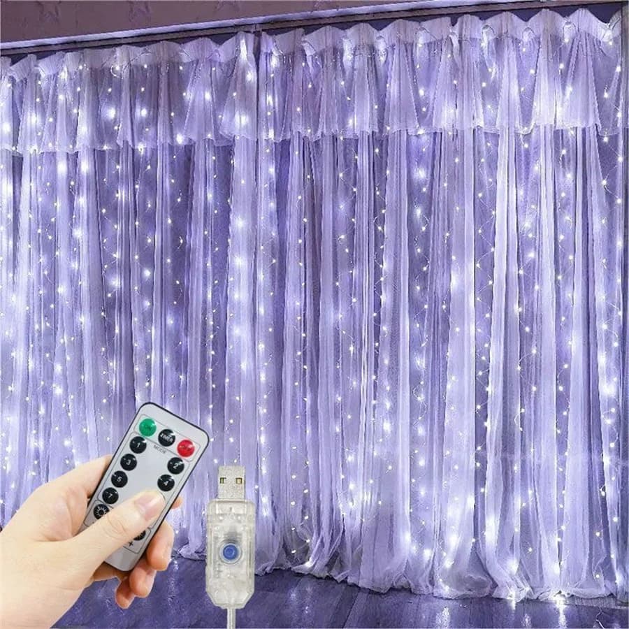 Luci LED a Cascata USB per Tende Natalizie, Ghirlanda Festiva con 8 Modalità e Telecomando, Luci Decorative per Matrimoni e Camere da Letto