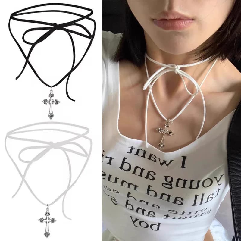 NUOVO Girocollo con cravatta a croce Girocollo con ciondolo a croce Collana con cravatta a croce Croci vuote Girocollo con cinturino Accessori in stoffa per donna Regali di gioielli