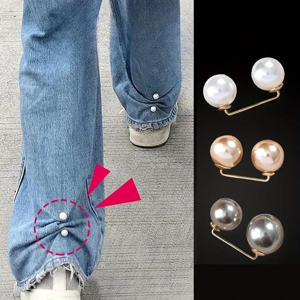 2Pcs Fashion Pearl Jean Clips, Ankle Anti-Stepping Buckle, Chest Anti-Exposure Needle, Pants Length Adjuster Accessories