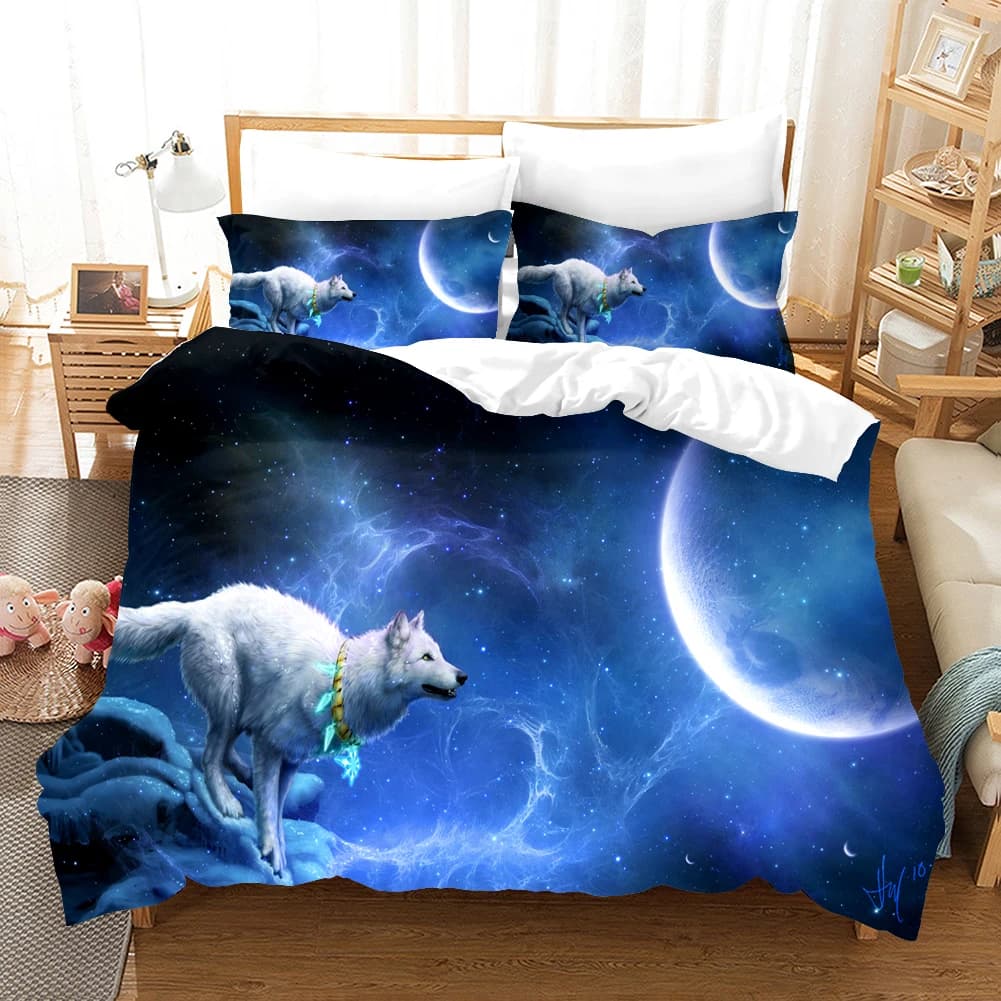 Milky Way Duvet Cover Set, Bedding, 3D Print, Starry Sky Indian Wolf,Animals,Bed Cover,Comfortable Home Textile