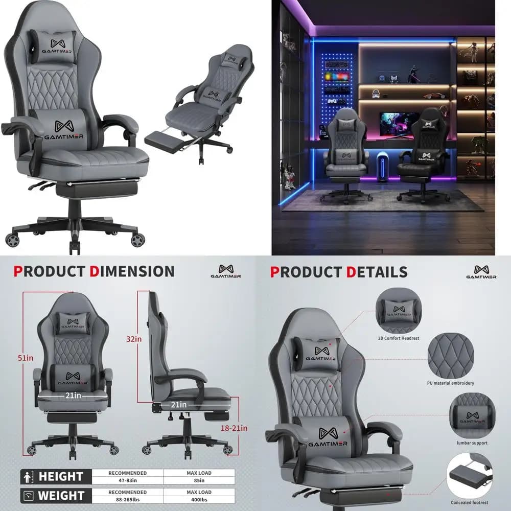Sedia da gioco ergonomica con poggiapiedi, materiale PU traspirante, poggiatesta e supporto lombare per comode sessioni di gioco