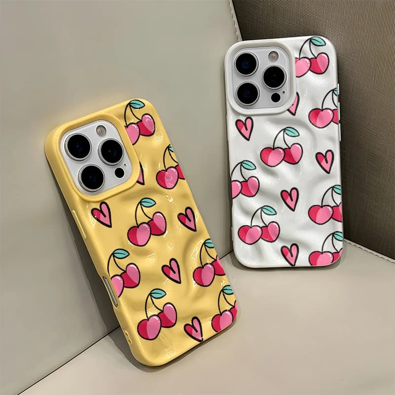 Custodia Morbida in Silicone a Cuore con Ciliegie per iPhone 17 Air 16 14 15 Pro Plus 13 12 11 Pro Max, Cover Posteriore Lusso 3D Effetto Rughe