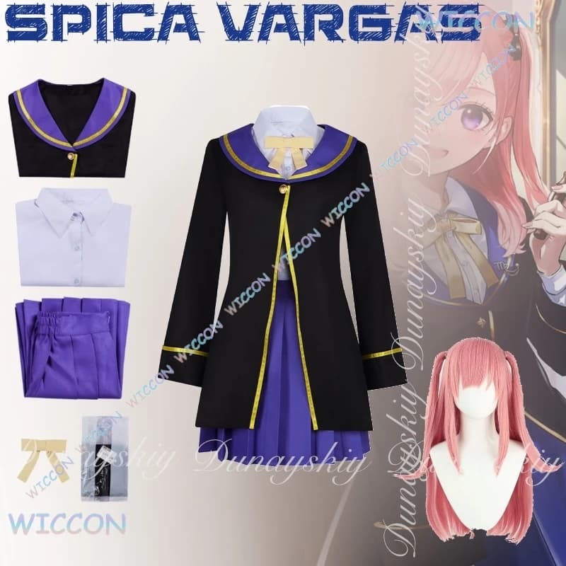 Hemera/L'aula di un gatto nero e una strega Anime Spica Vargas Cosplay con cappotto nero Gonna blu Parrucca rosa Costume cosplay F