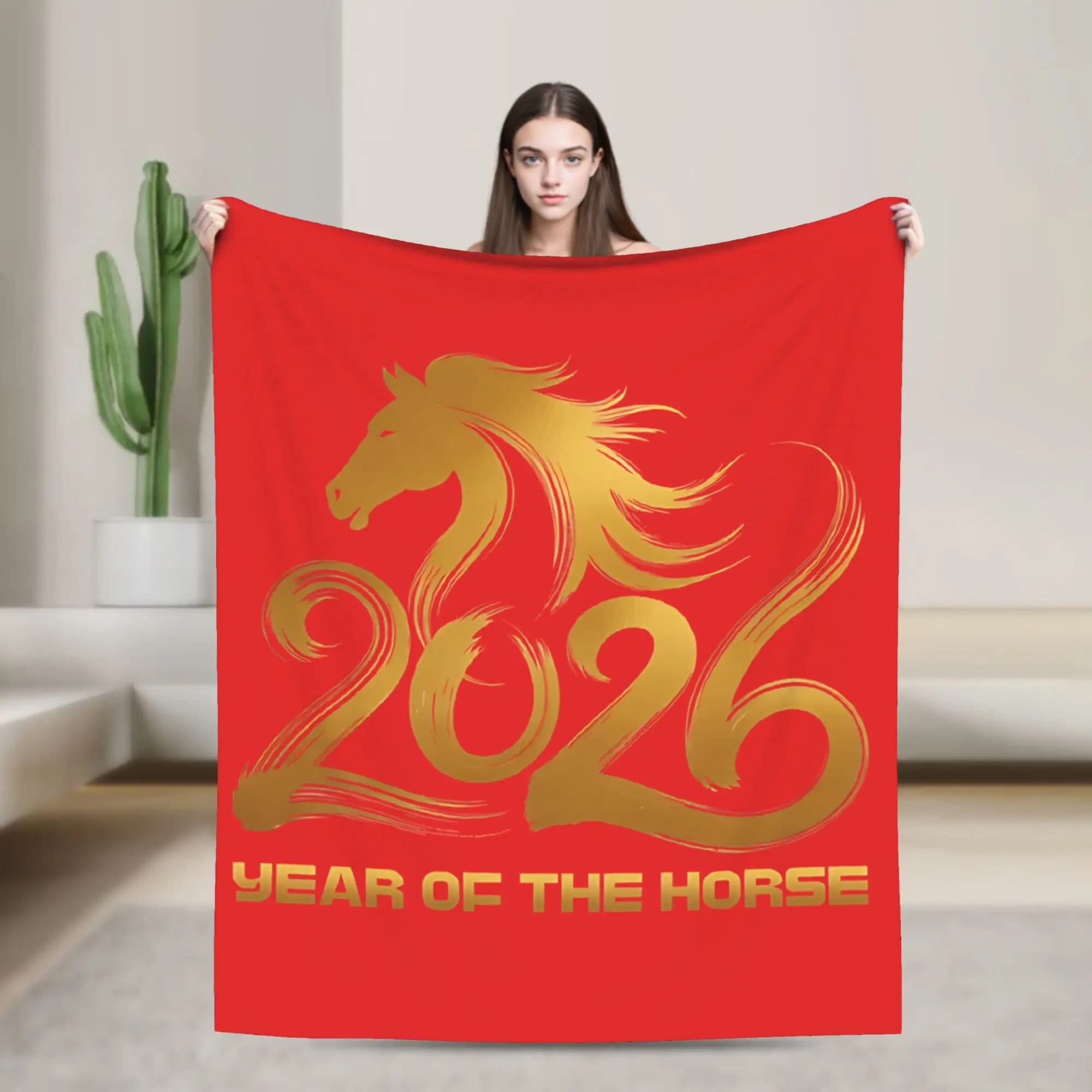 Year of the Horse Chinese New Year Wool Blankets Custom Throw Blanket for Home 200x150cm Quilt,