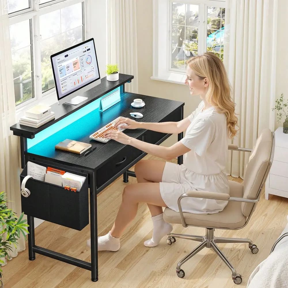 39.4 inch study desk with LED strip lights, computer desk with ergonomic monitor support, 2 fabric drawers, side pocket, for home office