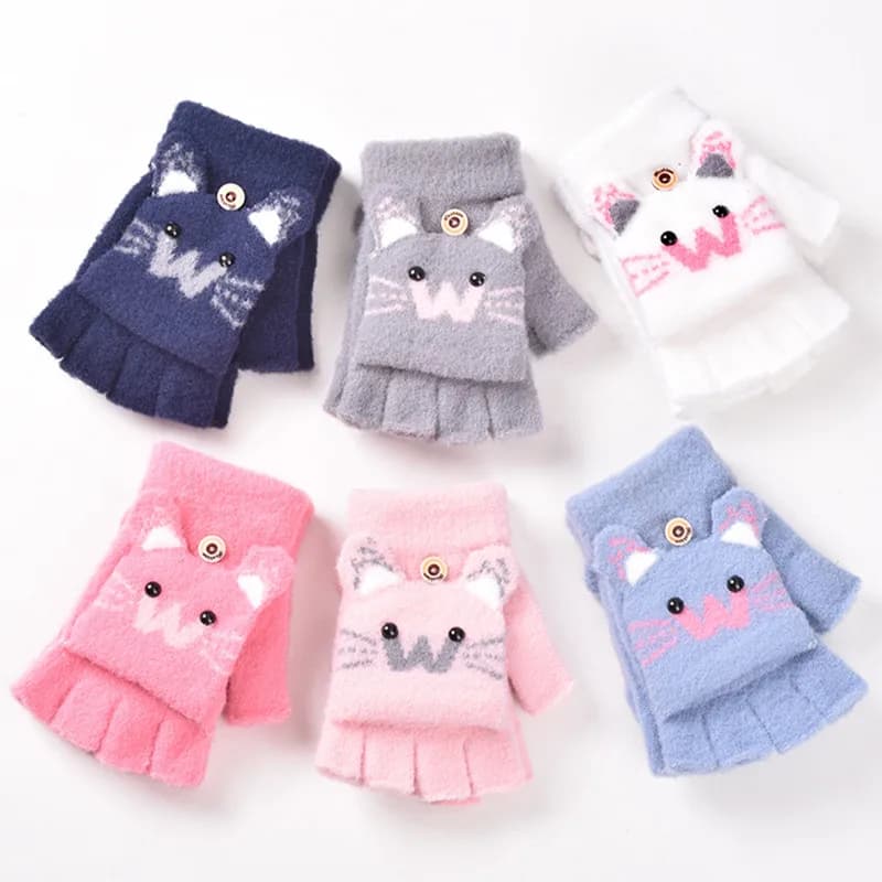 Children's Gloves for Winter, Boys and Girls, Fleece-Lined, Half-Finger Flip-Up Dual-Use Outdoor Cycling Warm Gloves