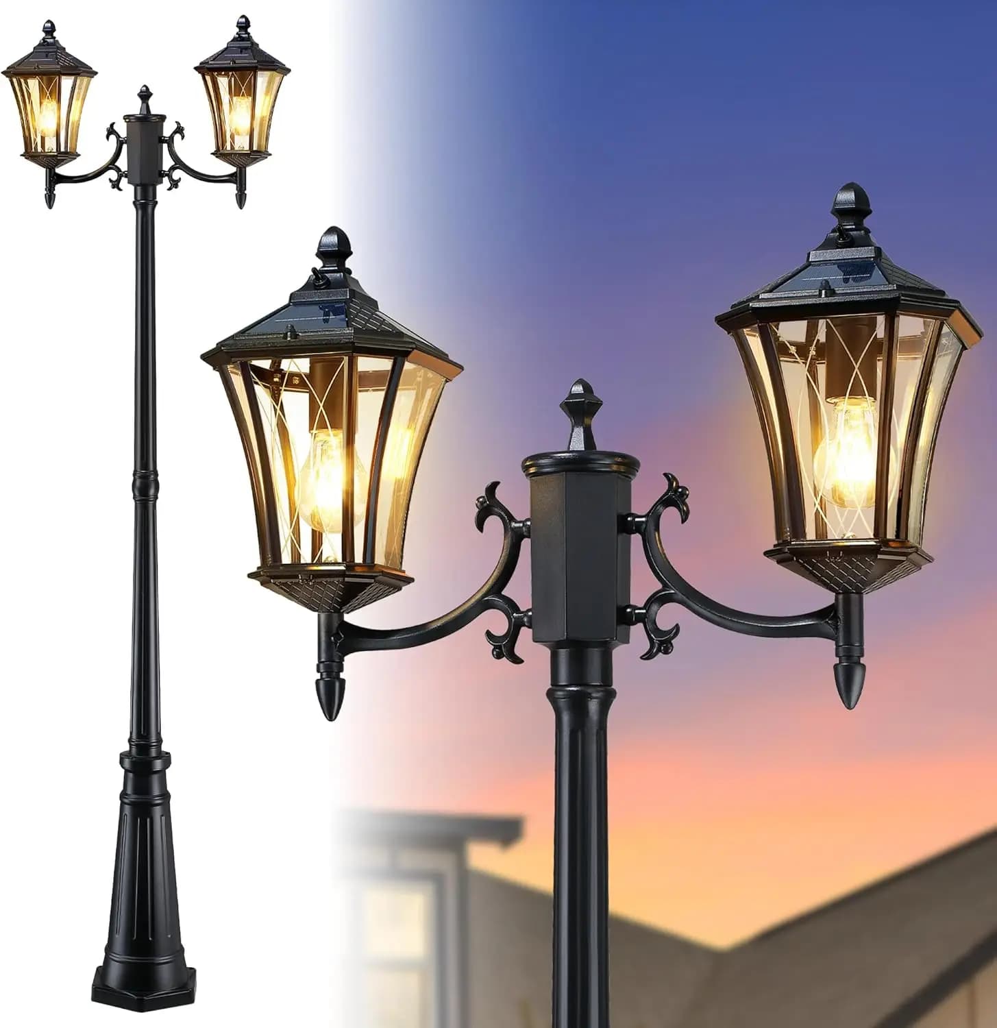 Lampione Solare da 85 Pollici, Illuminazione Esterna dal Tramonto all'Alba, Luci a Palo Impermeabili a 2 Teste per Giardino e Cortile