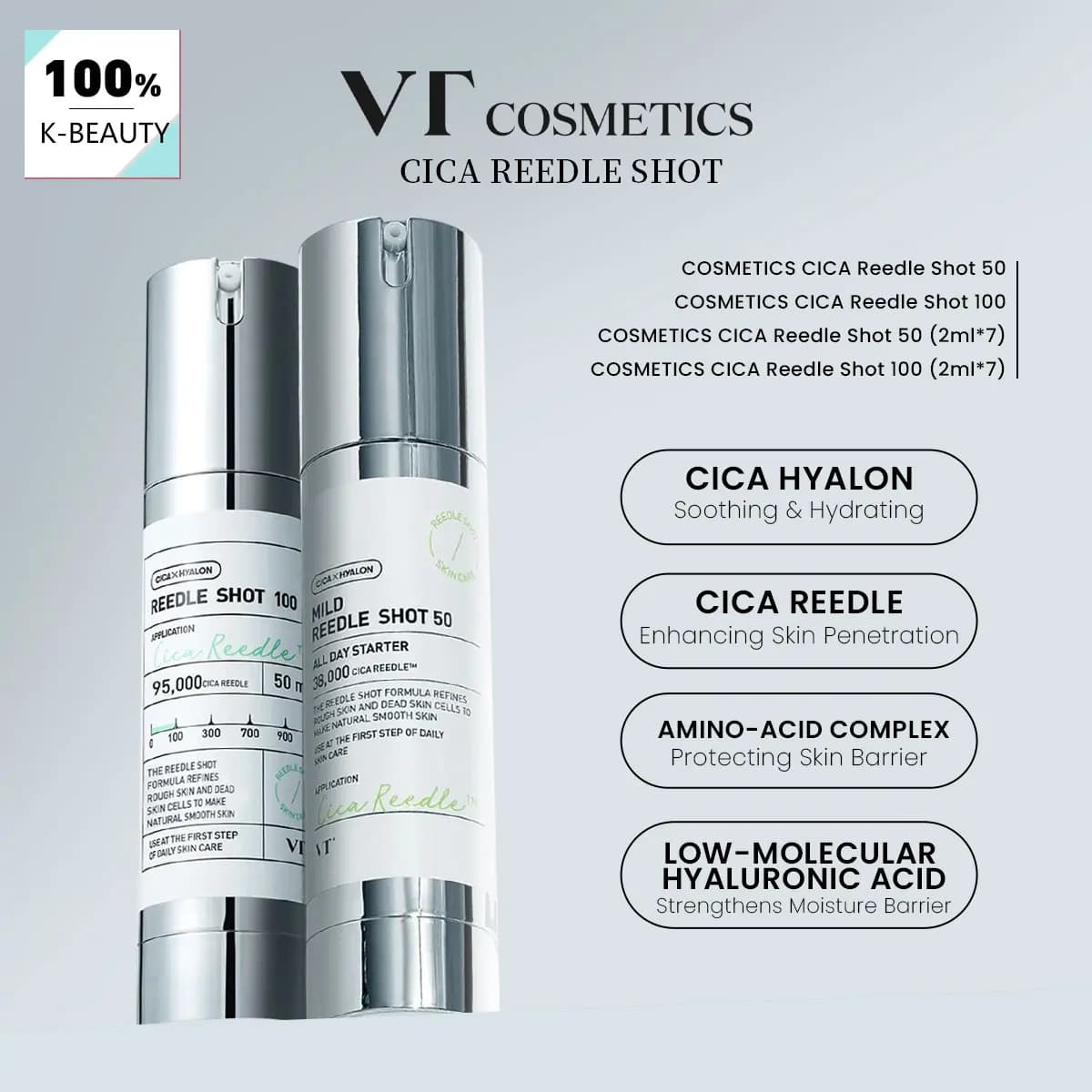 VT COSMETICS CICA Reedle Shot, Various Formats, Consistency Light Fluid, Powerful K-Beauty Hydrating Action, Korean Makeup