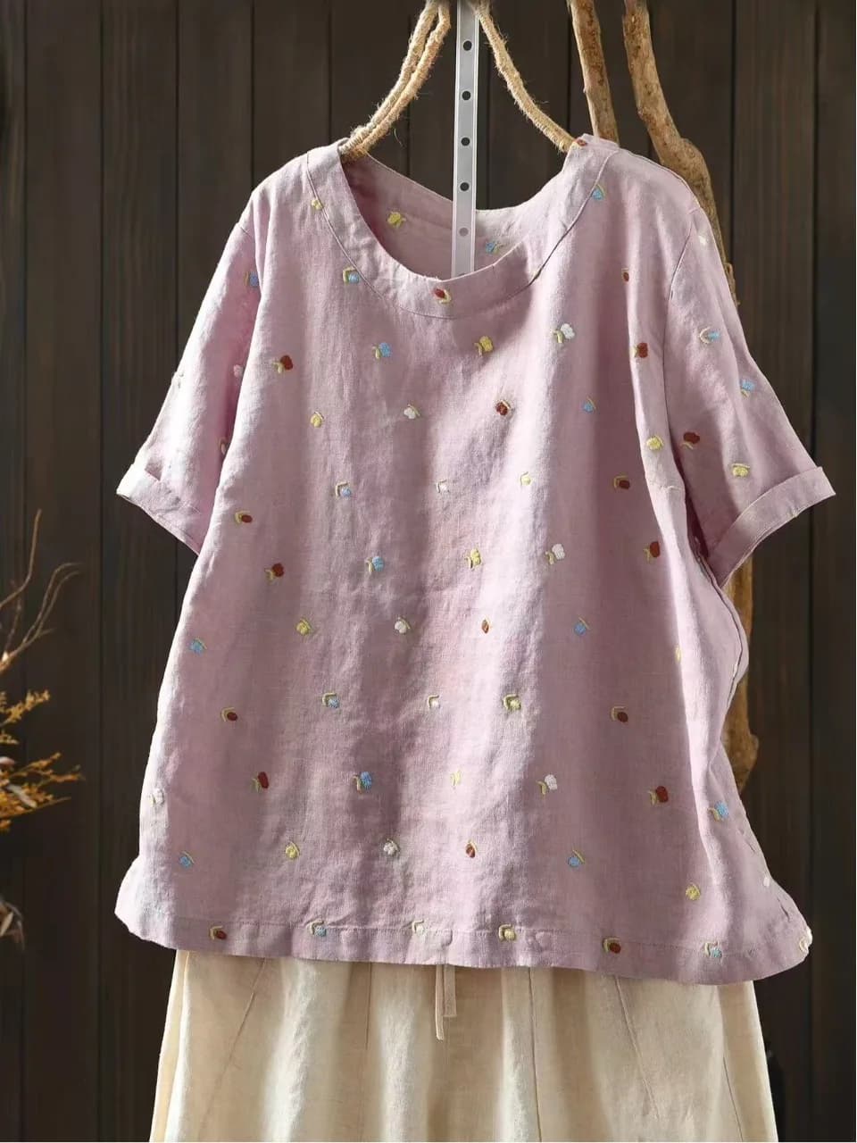 Retro Japanese Embroidered Cotton Linen Short Sleeve T-Shirt Women Summer Loose Meat Concealing Fashionable Youthful Versatil...