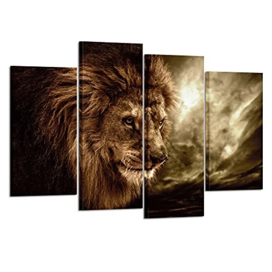 Quadro su Tela con Leone, Corniciato e Pronto da Appendere, 4 Pannelli, Grandi Stampe Astratte Contemporanee di Leone per Casa