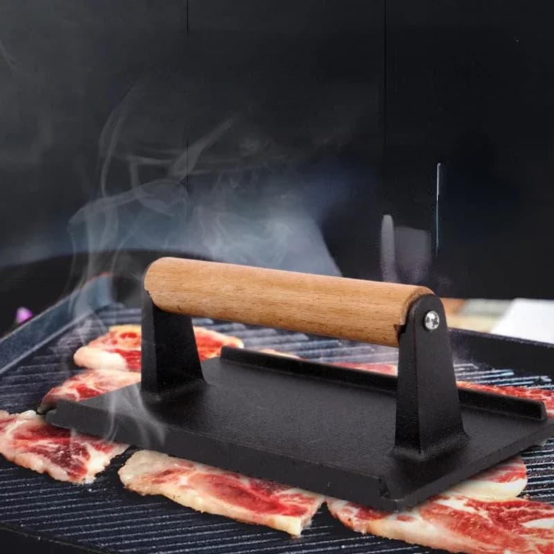 1 pz ghisa Grill Press rettangolo manico in legno pressato carne bistecca pancetta calamari Grill panino fritto barbecue piastra a pressione strumento di cottura