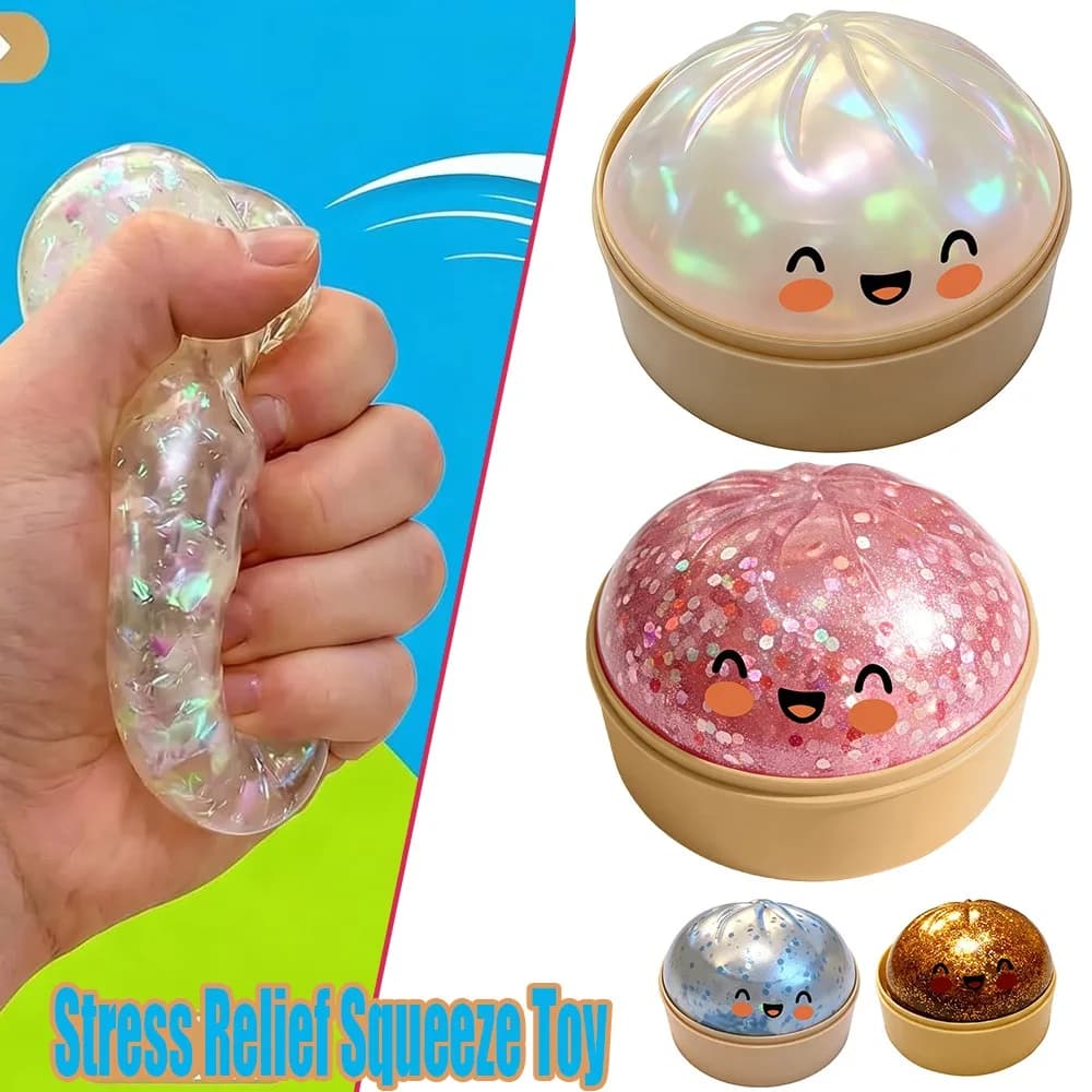 Pallina Antistress a Forma di Raviolo Spremibile Kawaii con Faccina Sorridente, Base a Forma di Vaporiera, Giocattolo in Pasta Modellabile, Regalo di Compleanno per Bambini, Ragazze, Ragazzi e Adulti, Blu