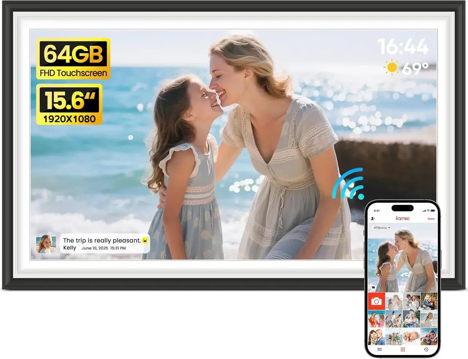Digital Picture Frame Frameo 15.6" WiFi Electronic Photo Frames Large with 64GB Memory 1920x1080 IPS FHD Touch Screen Share Mome