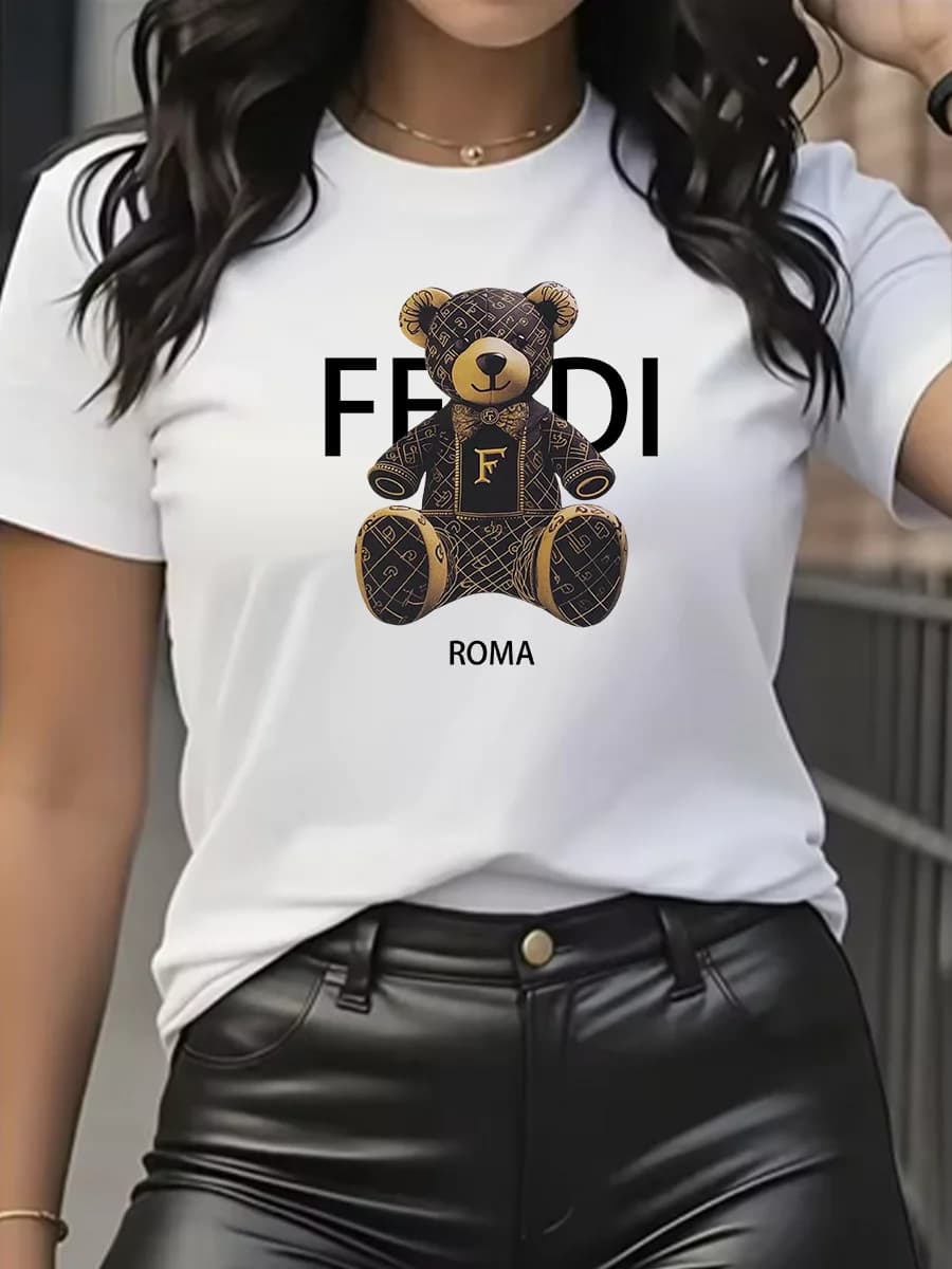 T-shirt grafica estiva a maniche corte girocollo con orsacchiotto casual azzurro da donna primaverile morbido e confortevole