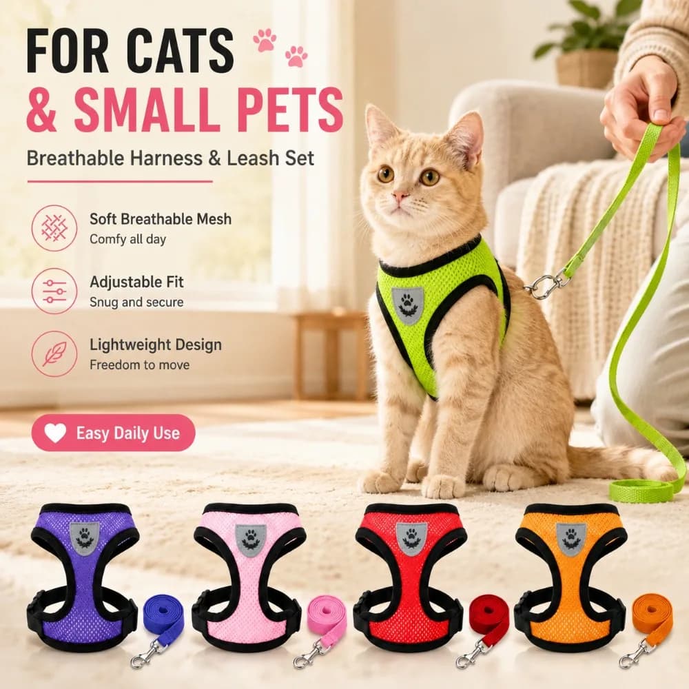 Dog Cat Walking Harness Vest Soft Mesh Adjustable Pet Lead Leash Set for Small Medium Puppies Outdoor Exercise and Travel