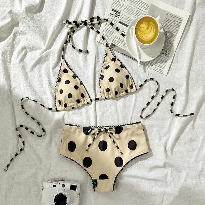 Men's Y2K Two Piece Swimsuit, Vintage Style Coquette with Volant and Bow, Triangle Top and String Slip, Beach Clothing
