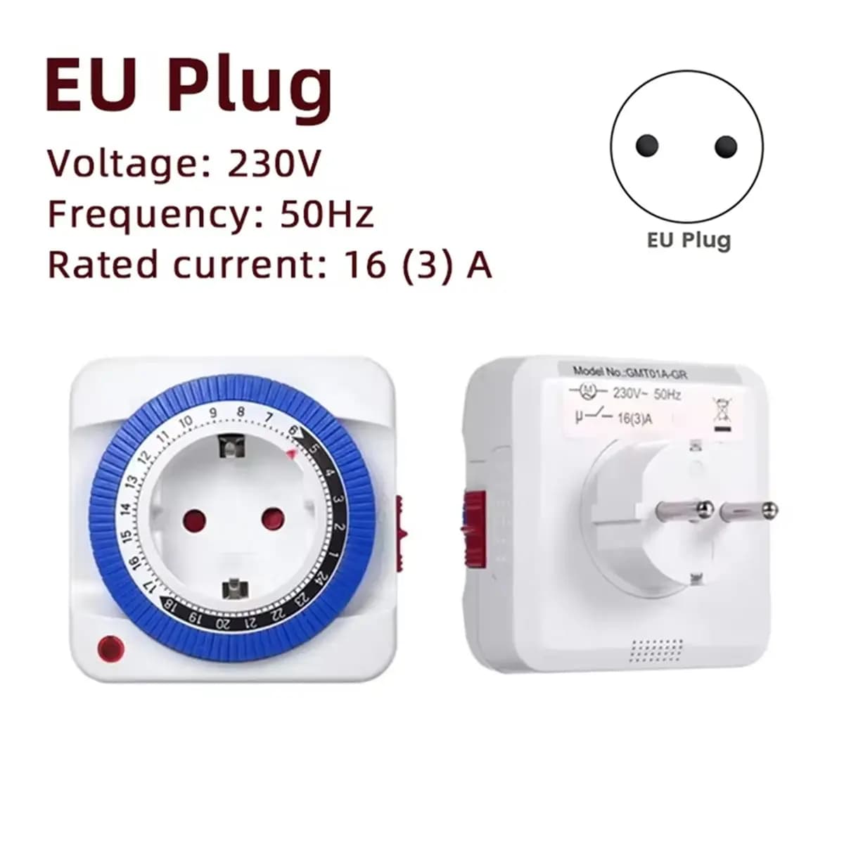 Timer EU 24 ore con spina, interruttore meccanico programmabile intelligente con conto alla rovescia e funzione loop, presa con messa a terra