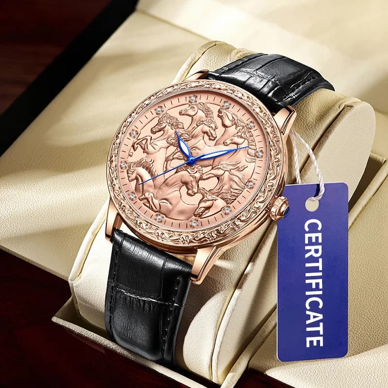 2026 New Men's Retro Carving 3D Eight Steed Leather Strap Quartz Watch Carving Luxury Waterproof Fashion Watch